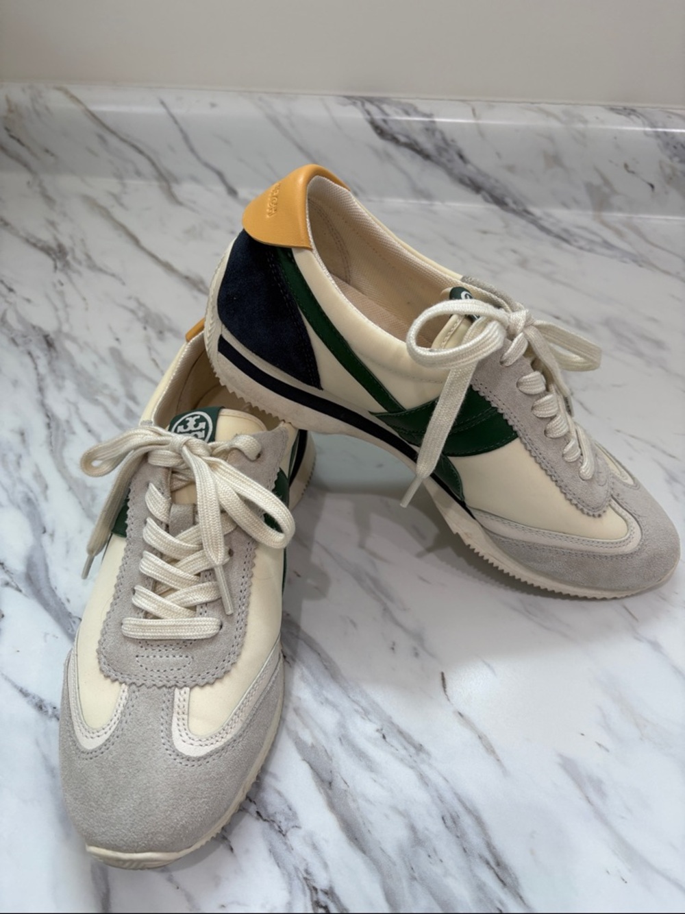 Tory Burch Cream, Navy Blue & Green Retro Runner Sneakers with Suede Accents